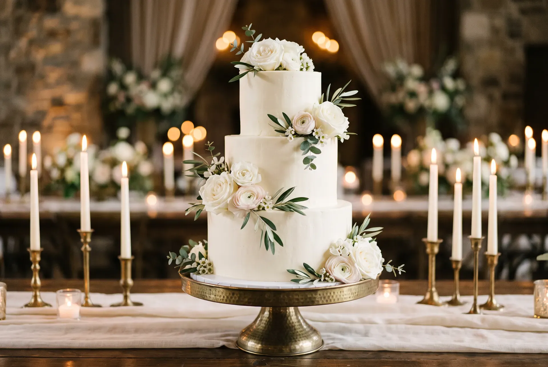 A three-tier white wedding cake on a brass stand, dressed with garden roses and olive, against a wall of tapers.