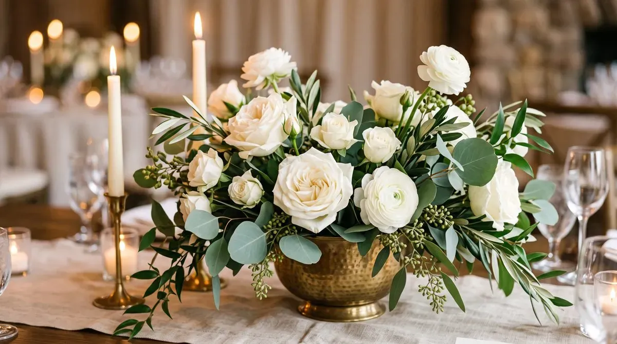 Wedding florals arranged in brass vessels, photographed close in warm light.