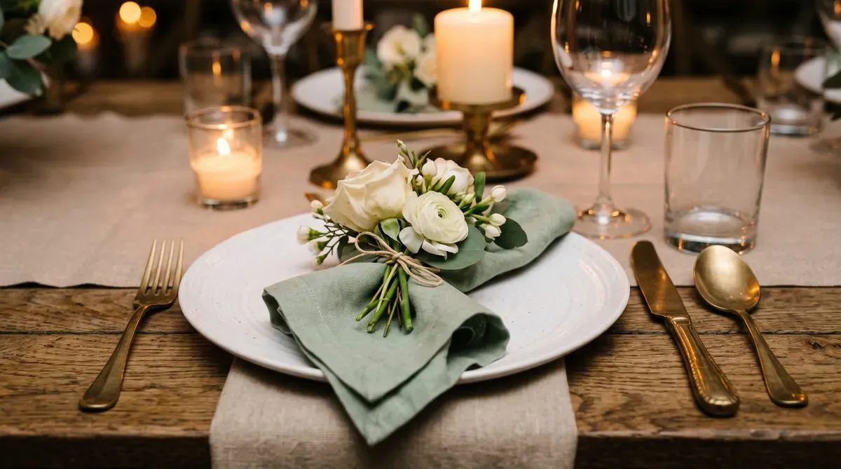 A single place setting with a sage napkin and brass flatware.