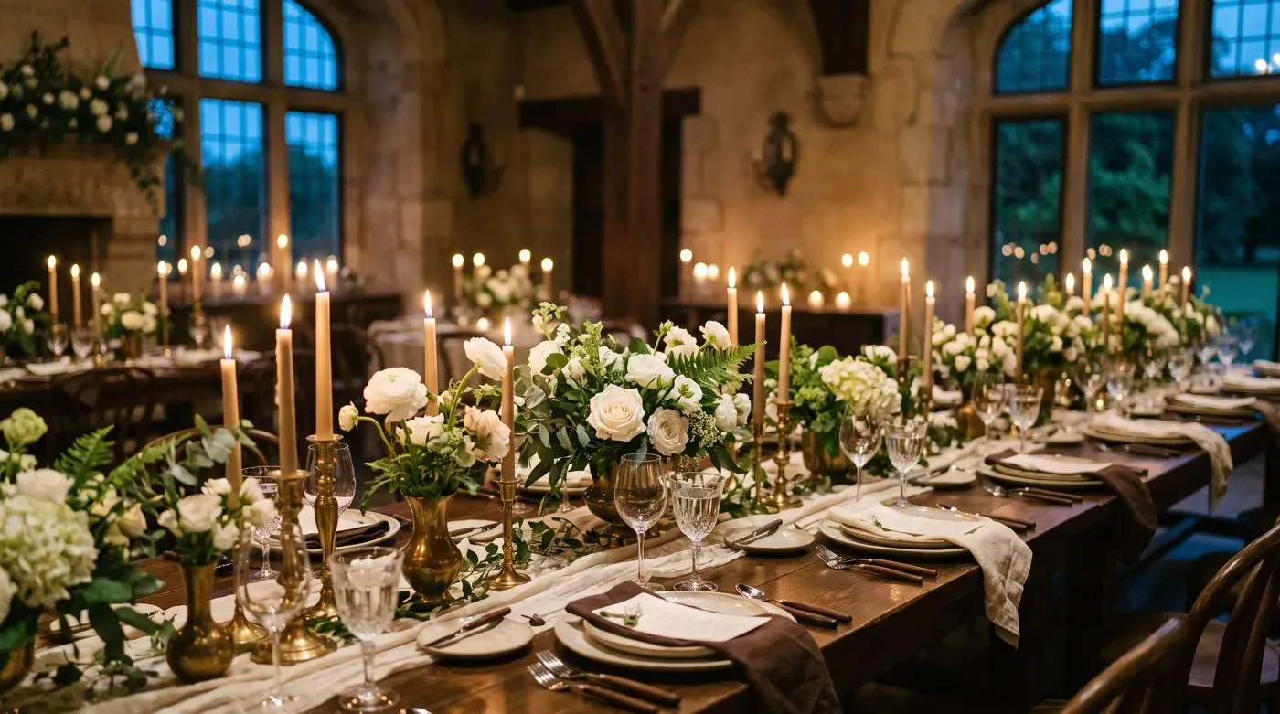 A long stone tablescape dressed with low florals and tapers.